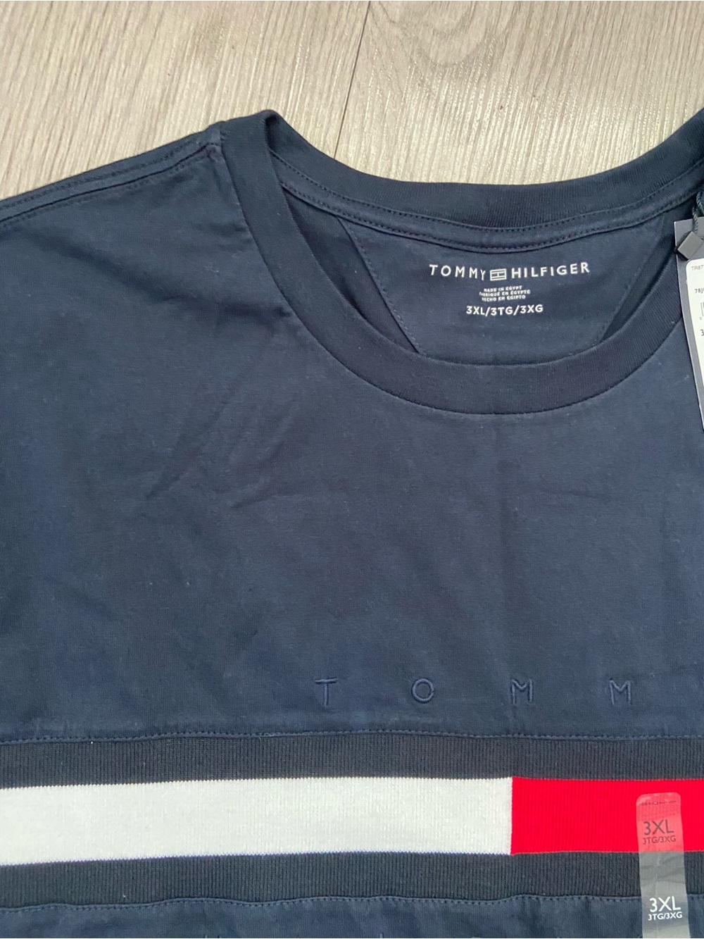 Tommy Hilfiger Navy Short Sleeve Tee with Red & White Chest Stripe - Picture 3 of 3